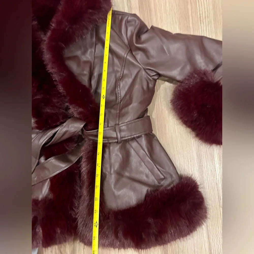 AZALEA WANG Kenzy Faux Leather And Faux Fur Coat Burgundy Size Medium - Picture 10 of 12